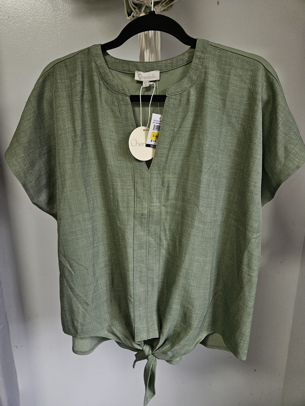 Chenault Olive Green Tie-Front Short Sleeve Blouse